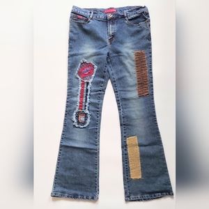 Le More Size 13 Unique Embroidered Patch Flared Denim Blue Jeans